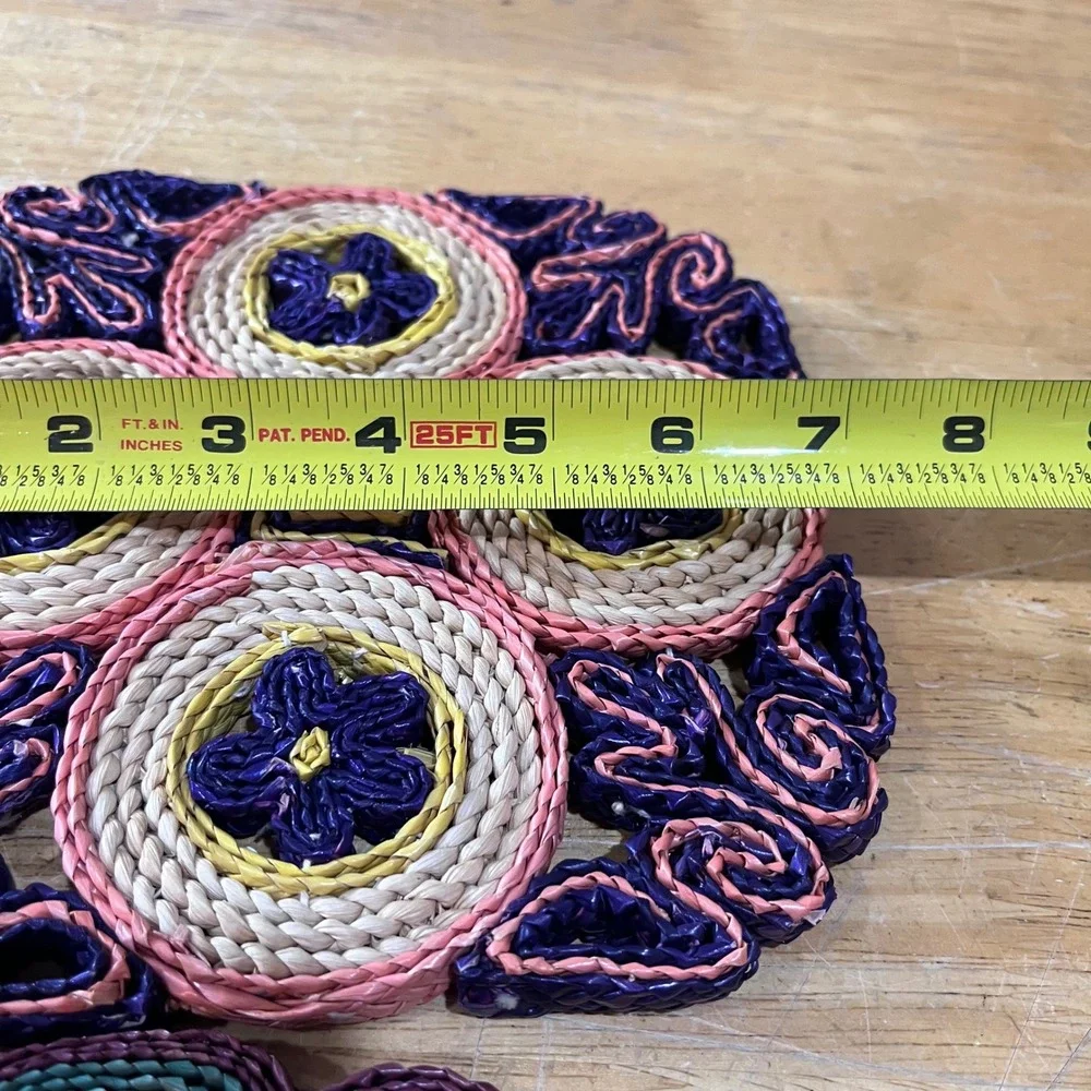 Vtg Set 3 Woven Raffia Straw Trivets Floral Boho Colorful Hot Pads Made in China
